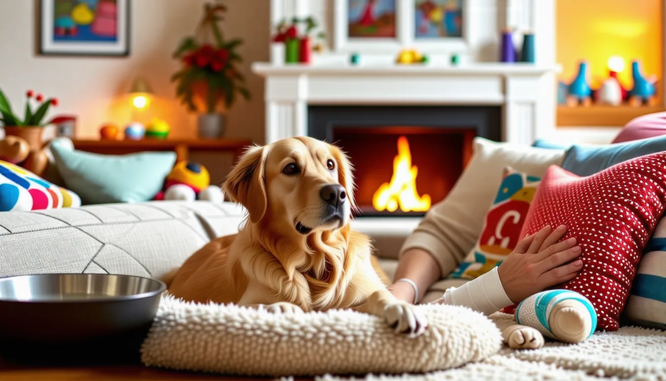 Chien au repos sur un coussin, patte avant entourée d un bandage