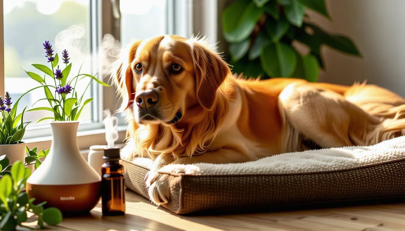 Chien couché sur un tapis, oreilles baissées, à côté d'un diffuseur d'huiles