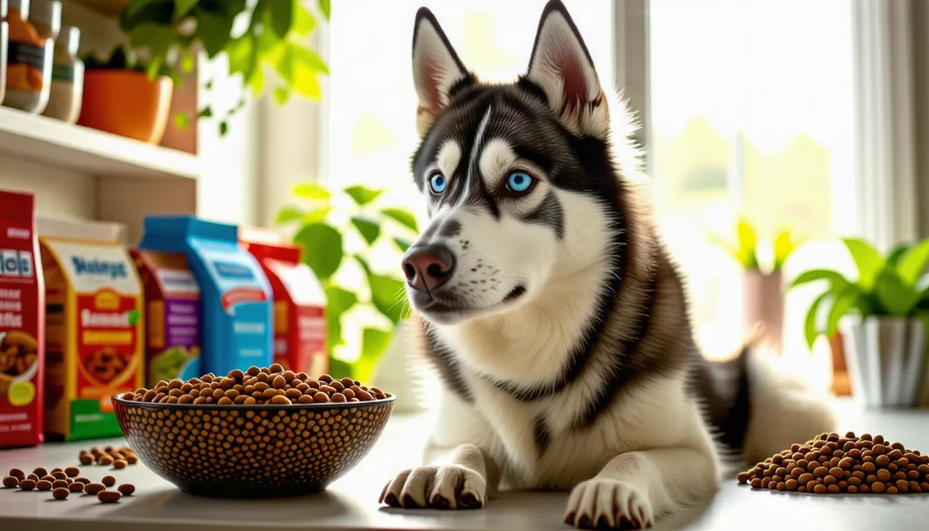 Husky sibérien au pelage gris et blanc, yeux clairs, assis dans l'herbe