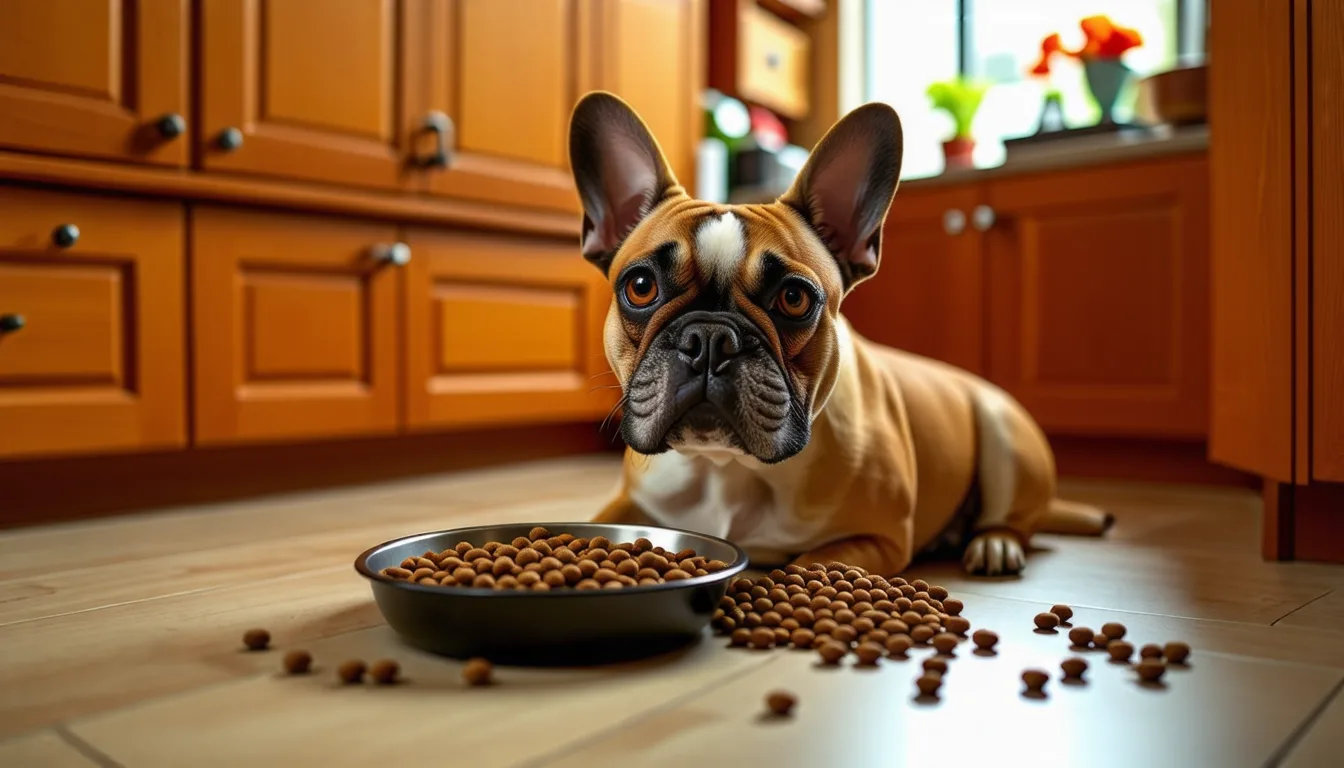 Bouledogue français aux oreilles droites devant une gamelle de croquettes posée au sol