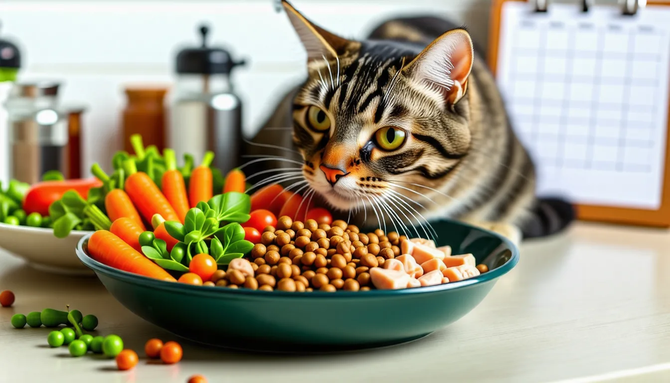 Un chat roux et blanc assis devant sa gamelle de croquettes