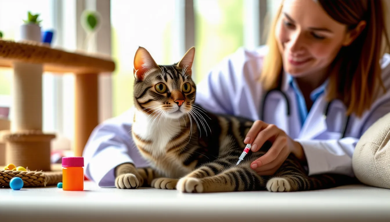 Chat roux allongé sur un plaid, observé de près par sa propriétaire
