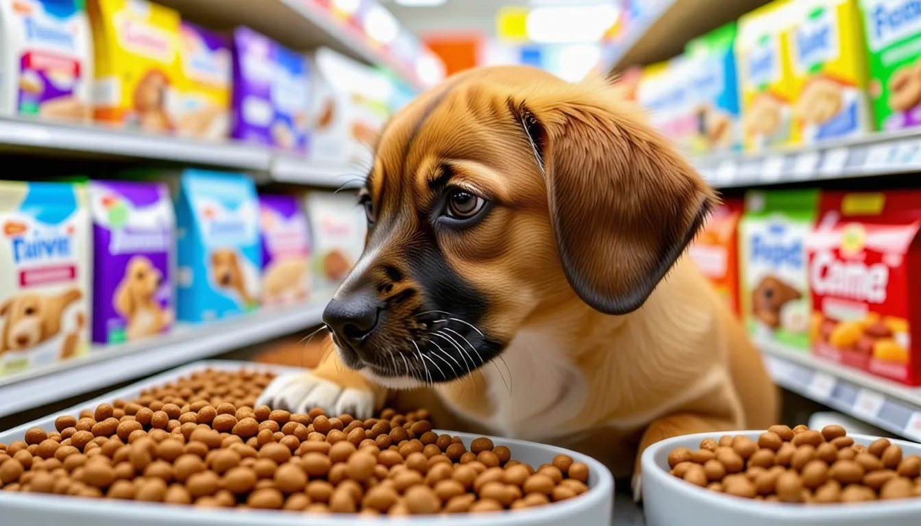 Un jeune chiot devant une gamelle remplie de croquettes, dans une cuisine