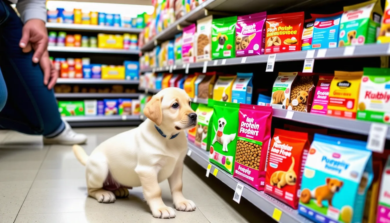 Chiot labrador sable assis devant une gamelle remplie de croquettes