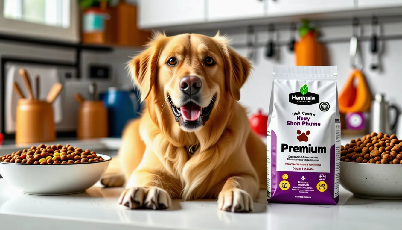 Golden Retriever adulte au poil doré assis devant une gamelle de croquettes