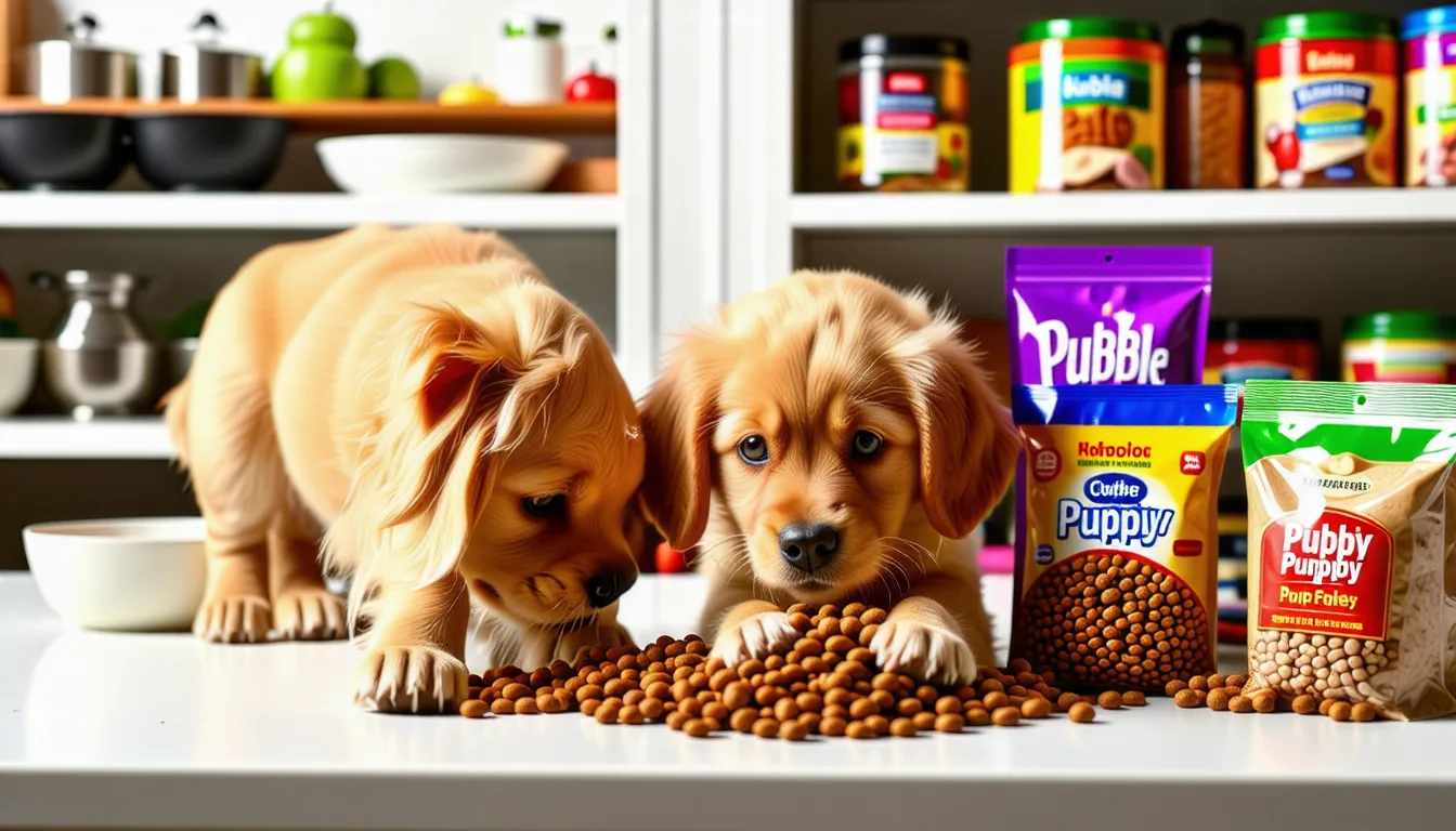Chiot Golden Retriever assis devant une gamelle de croquettes