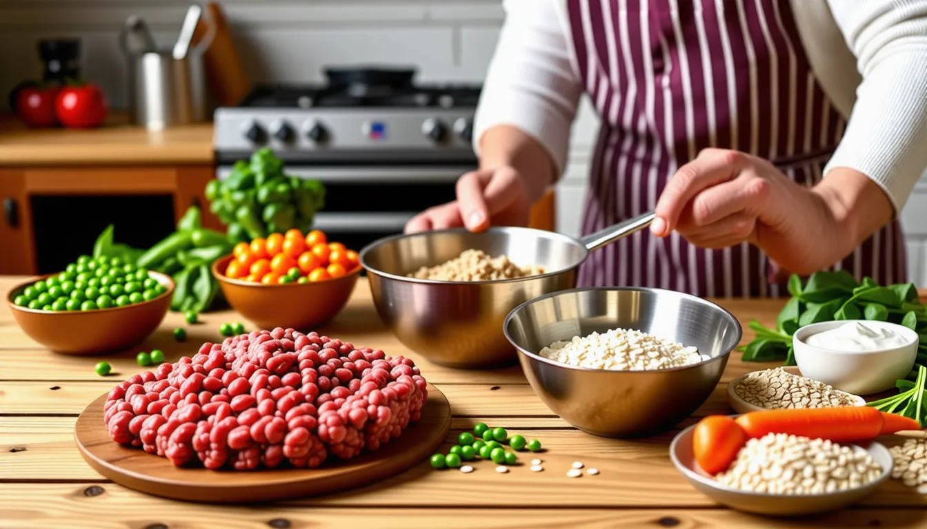 Viande hachée, légumes et flocons de céréales posés sur un plan de travail