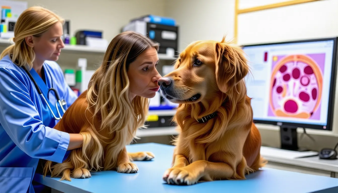 Jeune chien examiné par un vétérinaire qui palpe une petite masse cutanée