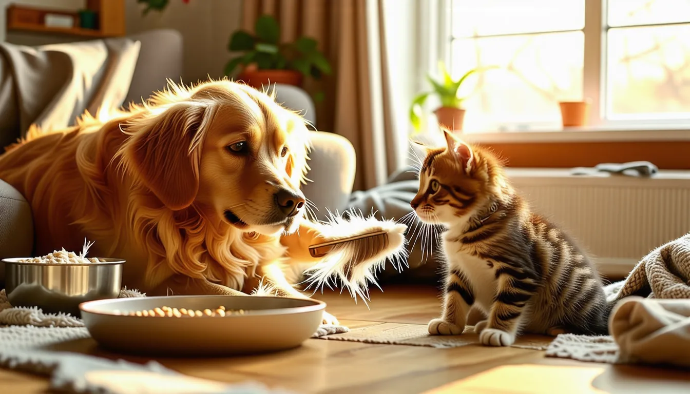 Un chat et un chien allongés côte à côte sur un tapis dans un salon