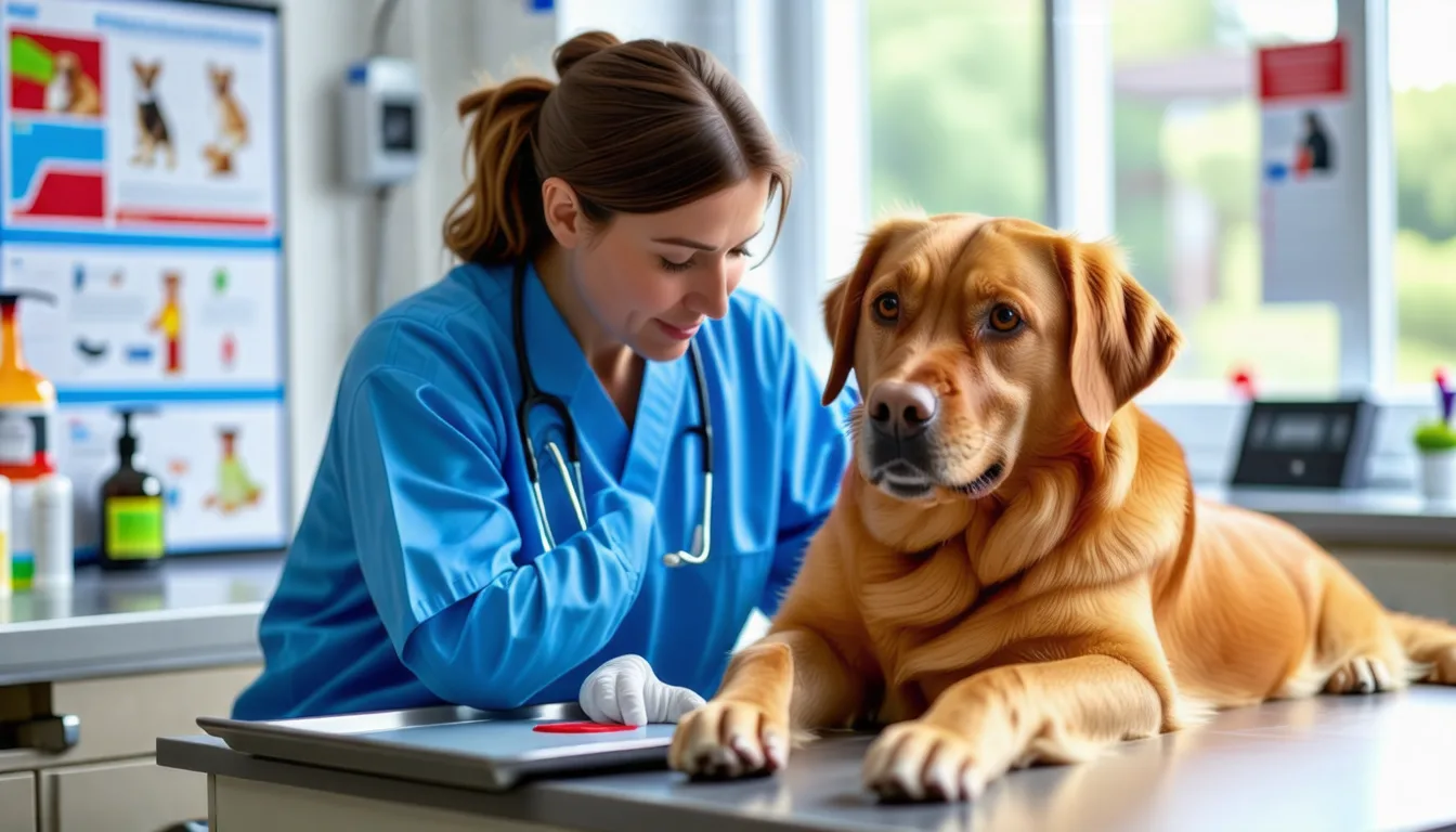 Mains gantées nettoyant une petite plaie sur la patte d un chien
