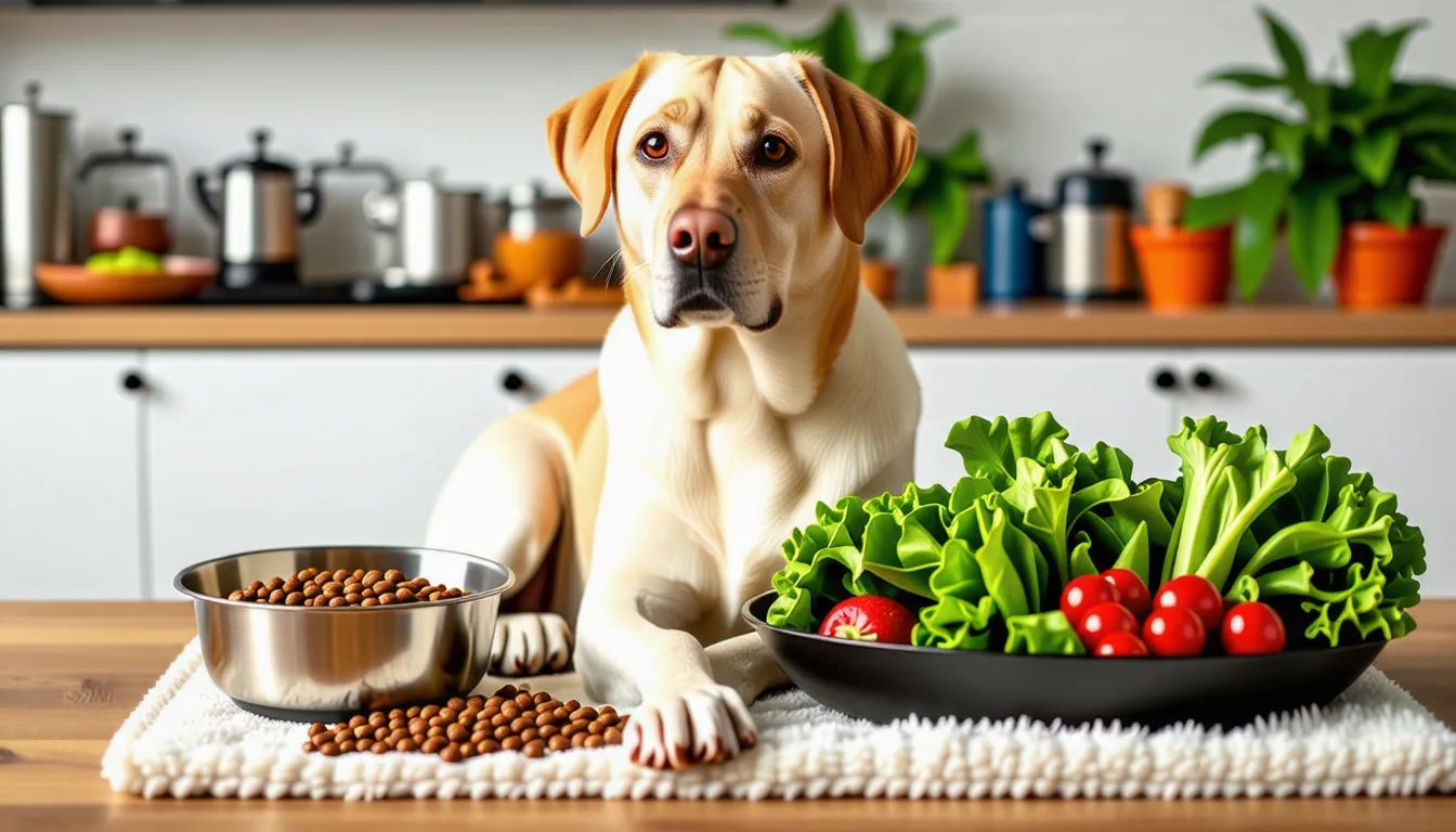 Labrador sable assis devant sa gamelle, regard fixé sur la nourriture