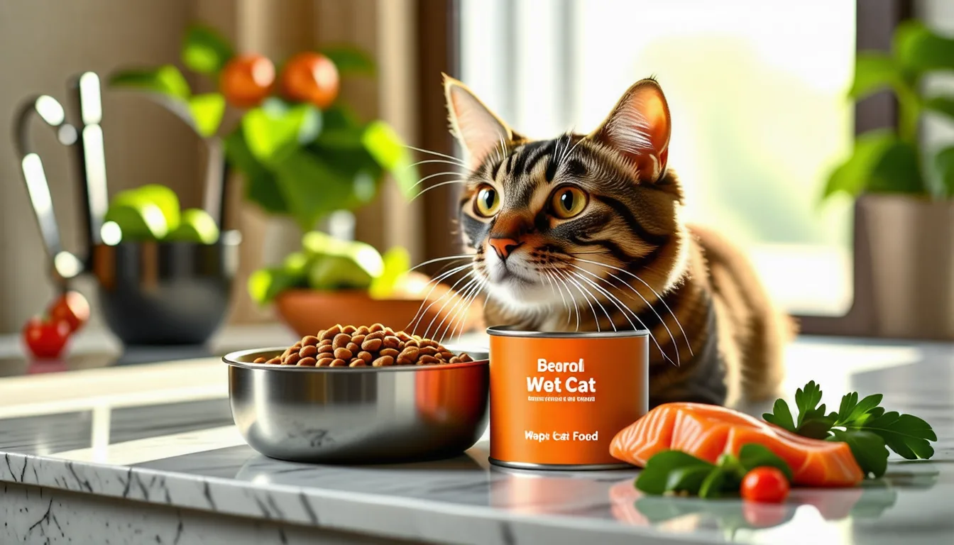 Un chat mange de la pâtée dans une gamelle en céramique posée au sol