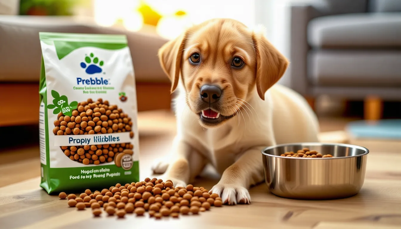Jeune chiot golden mangeant des croquettes dans une gamelle blanche