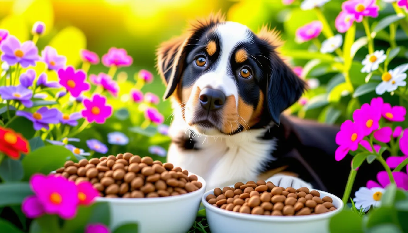 Chiot bouvier bernois tricolore couché près d'une gamelle de croquettes