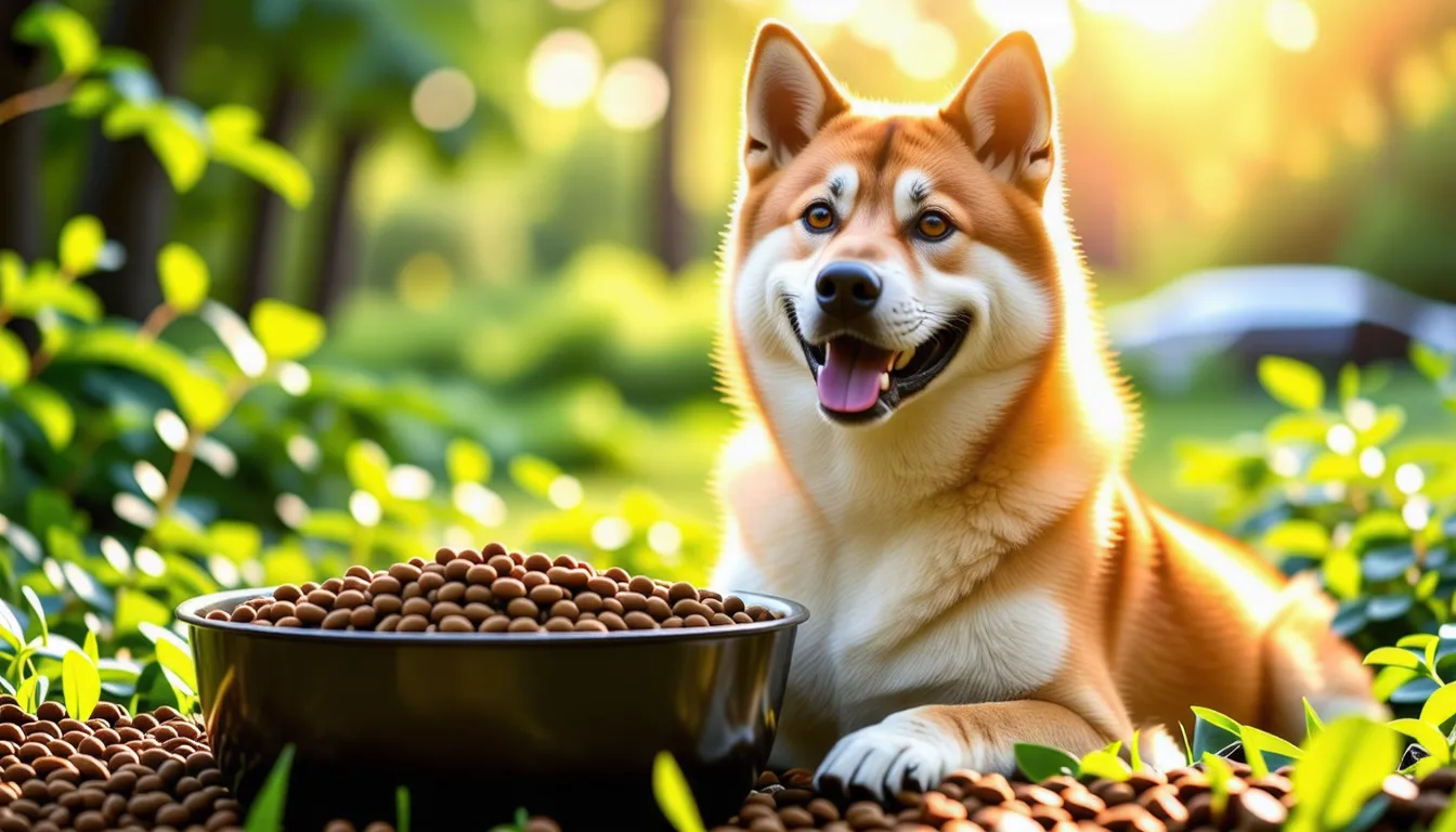 Akita Inu au pelage épais devant sa gamelle de croquettes