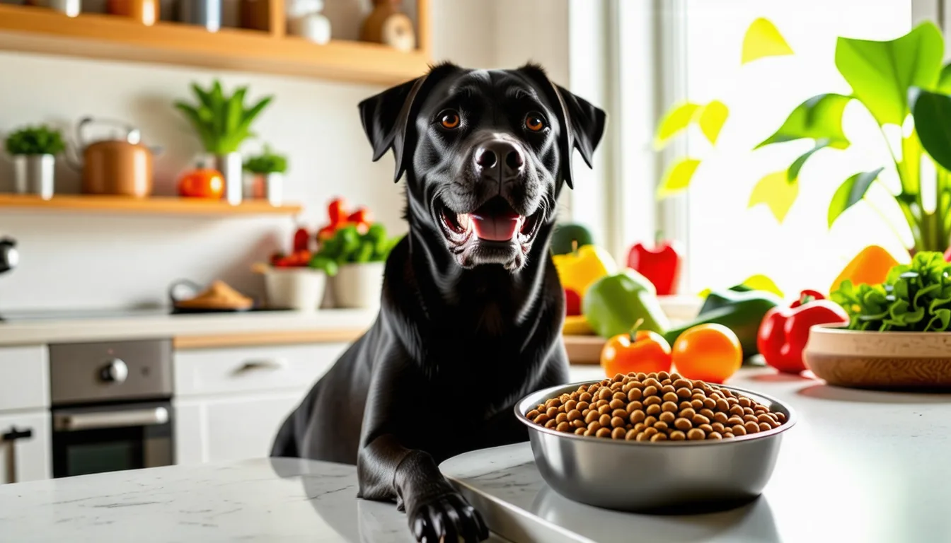 Labrador sable assis devant sa gamelle de croquettes dans une cuisine