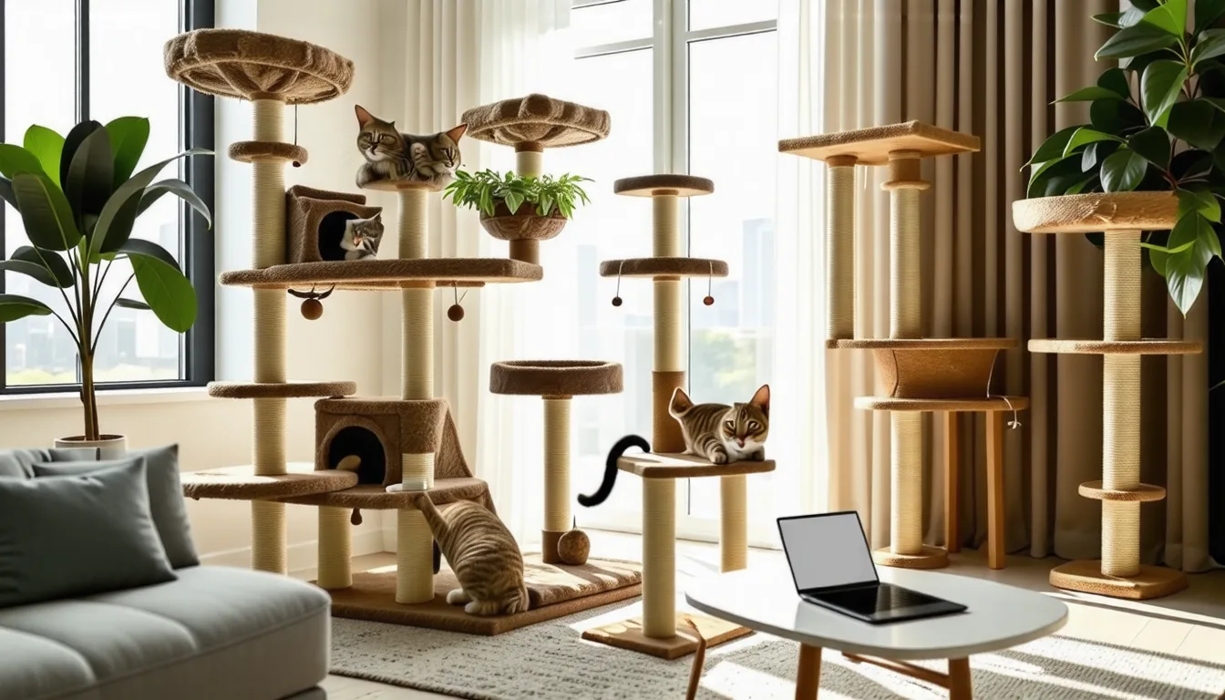 Chat gris installé sur la plateforme haute d'un arbre à chat en sisal