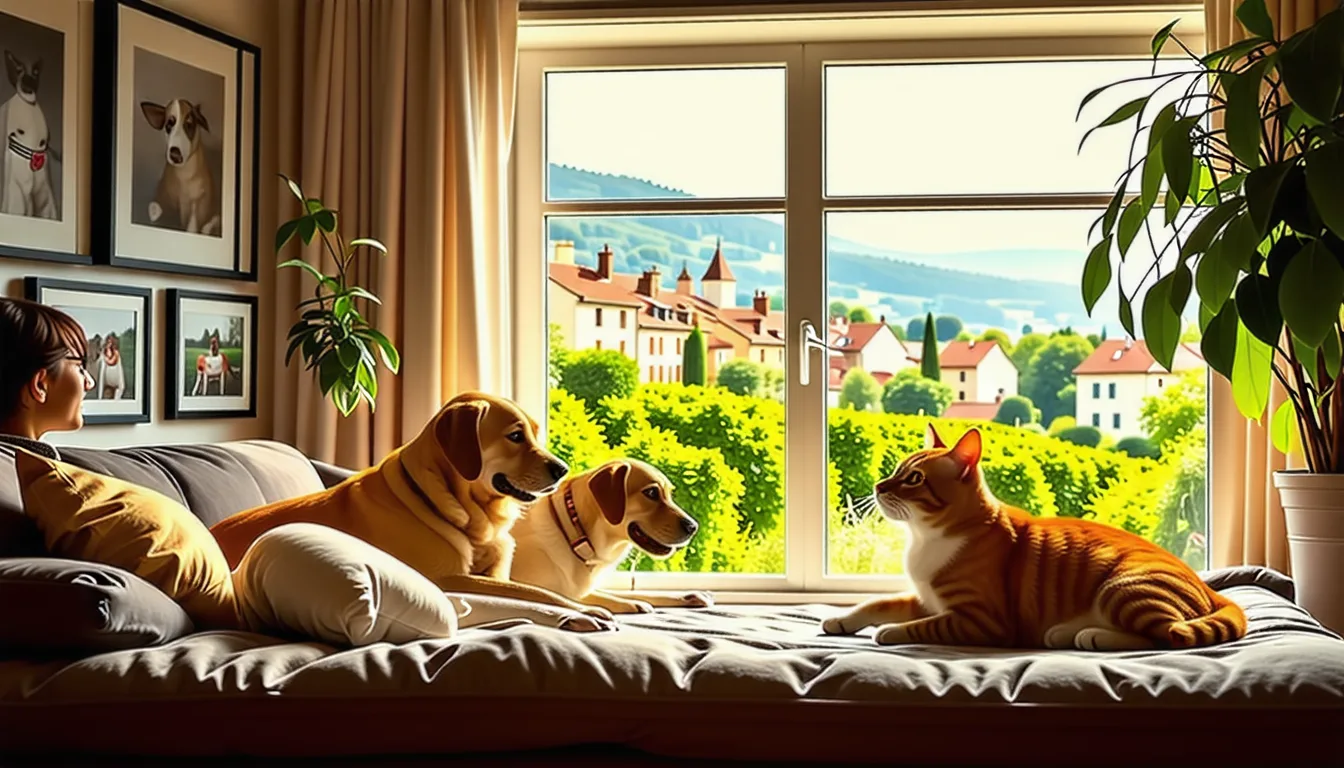 Une pet-sitter promène deux chiens en laisse sur un chemin