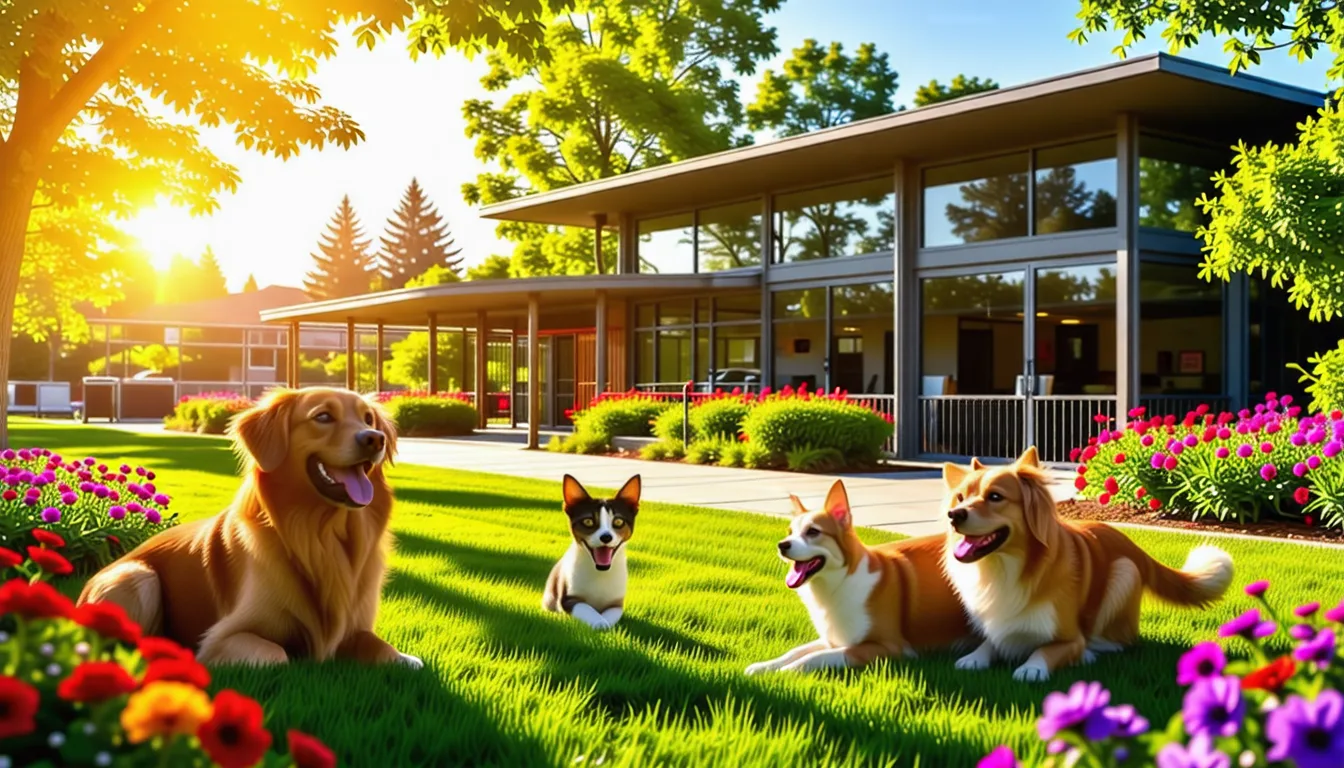 Une gardienne d'animaux caresse un chien et un chat assis côte à côte