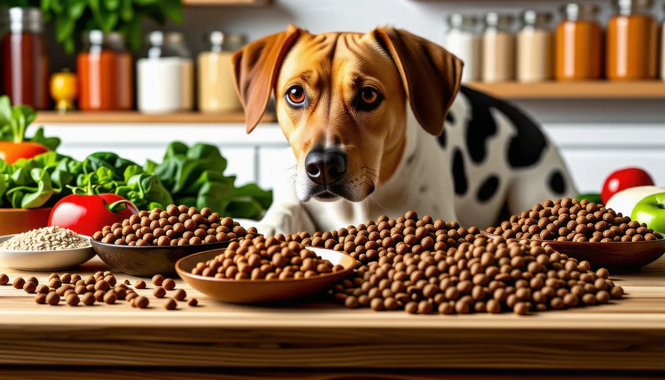 Des croquettes pour chien versées dans une gamelle posée au sol