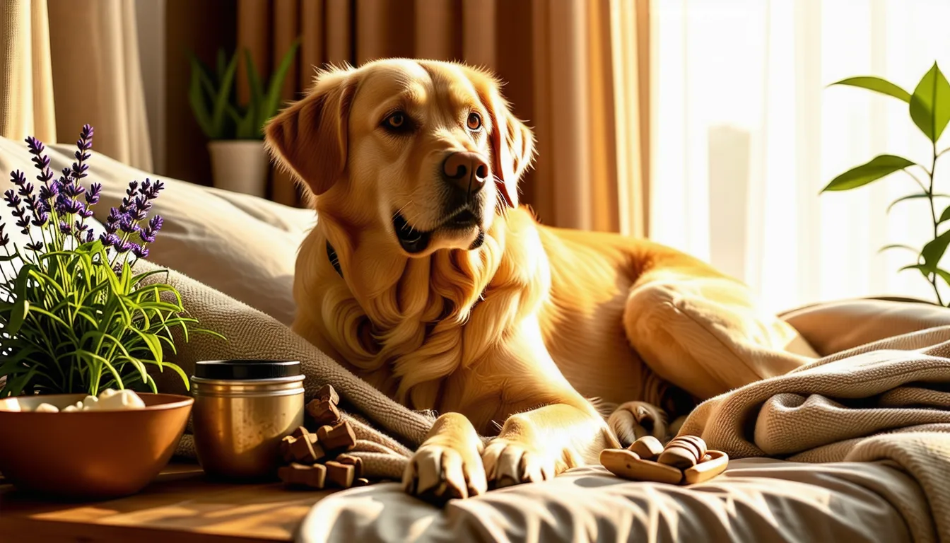 Chien âgé au museau grisonnant couché sur un tapis, le regard calme