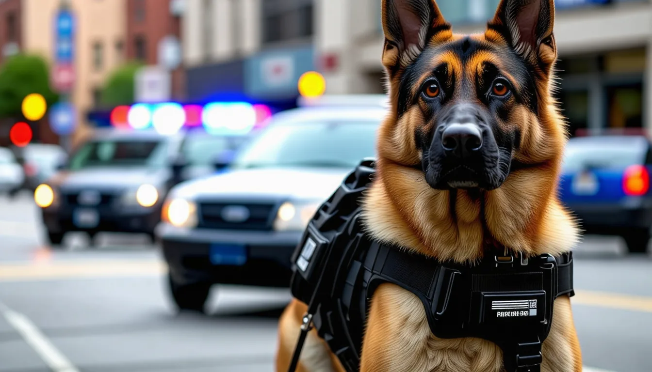 Berger malinois équipé d'un harnais noir à sangles molle, vu de profil