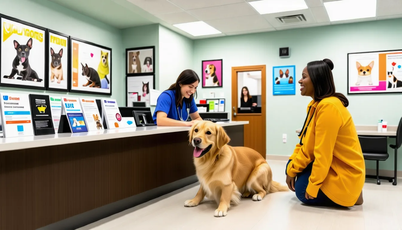 Un vétérinaire ausculte un petit chien sur la table de consultation