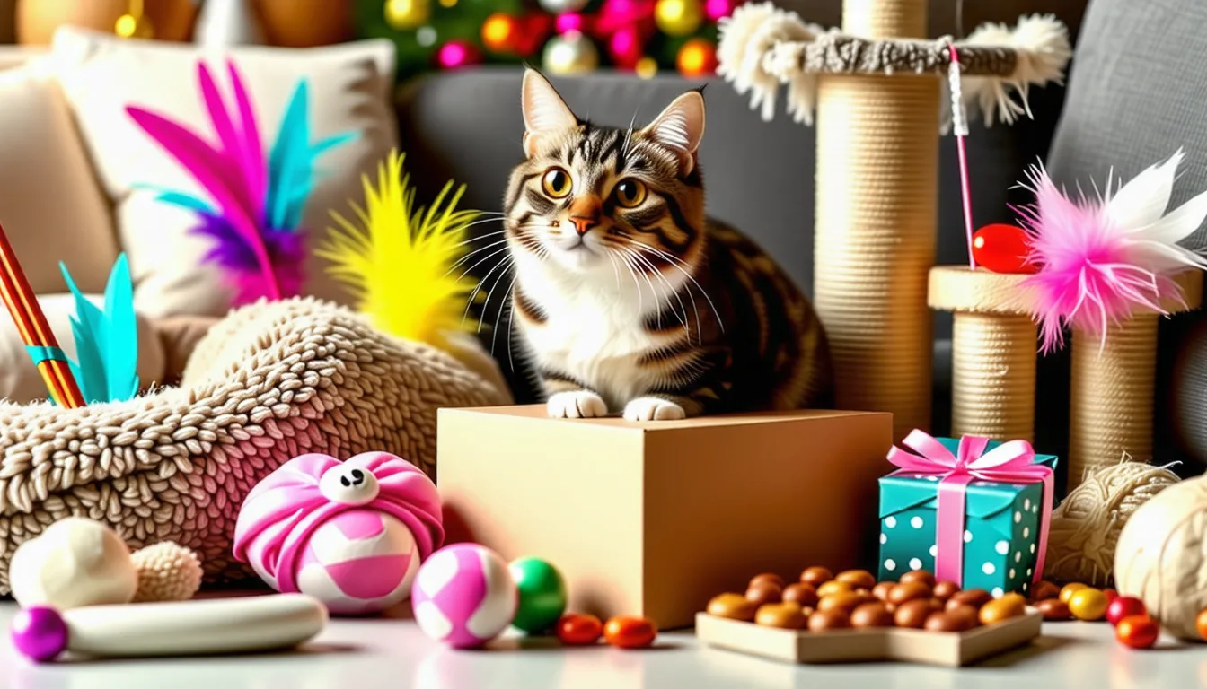 Chat gris curieux posant la patte sur une boîte cadeau ouverte remplie de jouets