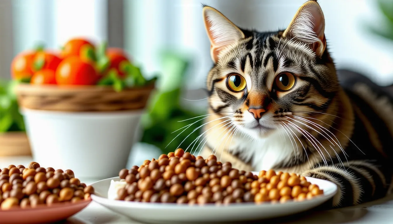 Chat gris devant deux gamelles, l'une de croquettes, l'autre de pâtée