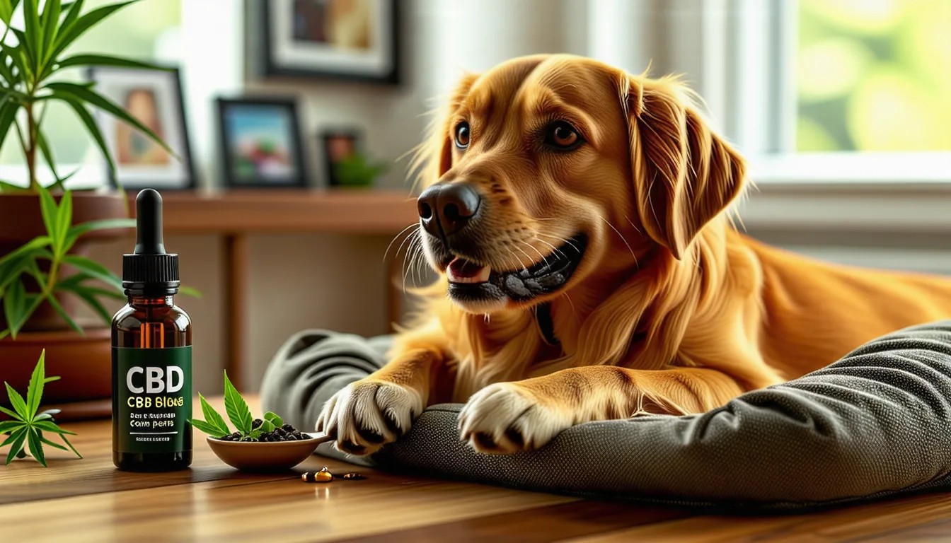 Flacon compte-gouttes d'huile posé près d'un chien allongé sur un tapis