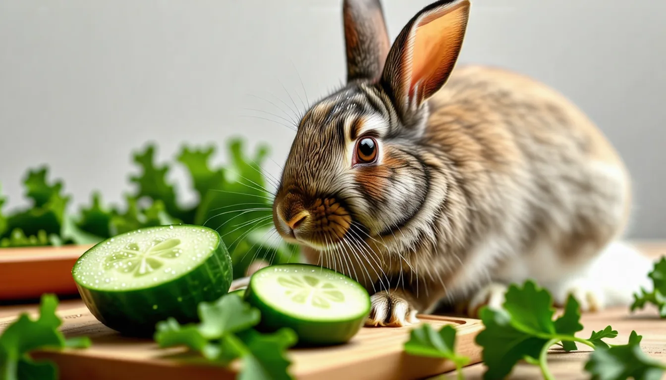 Lapin nain roux croquant une rondelle de concombre posée au sol