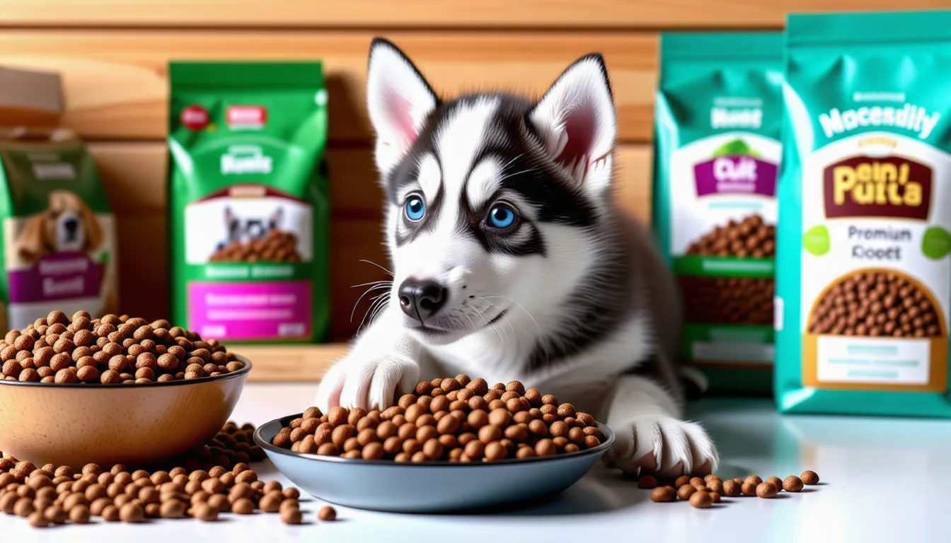 Chiot Husky de Sibérie aux yeux clairs devant une gamelle de croquettes