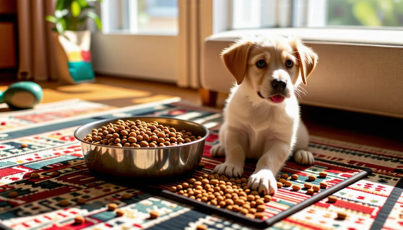 Un jeune chiot mange des croquettes dans une gamelle métallique posée au sol