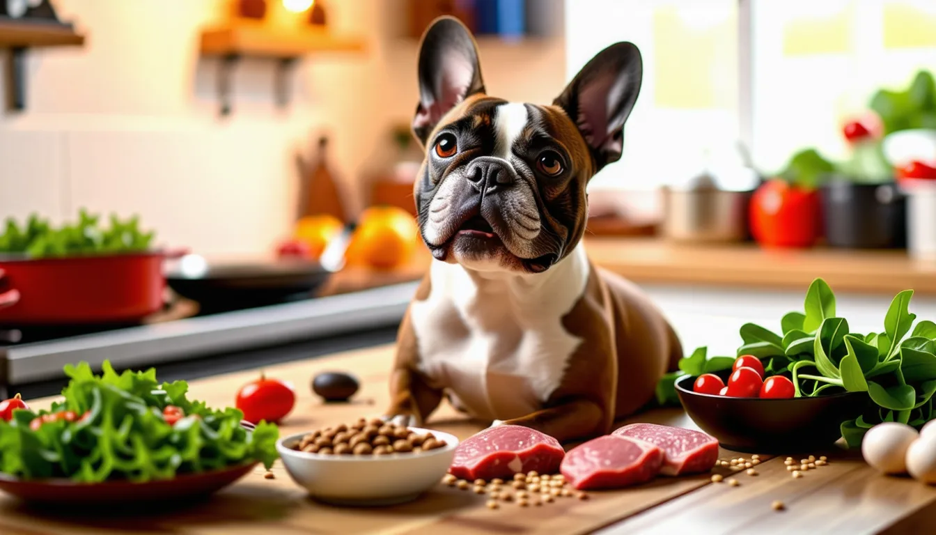 Bouledogue français assis devant une gamelle de viande, de riz et de légumes frais