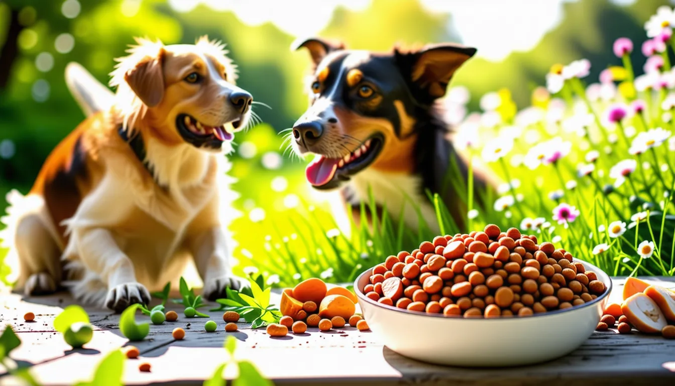 Des croquettes brunes pour chien débordant d'une gamelle posée sur un sol clair