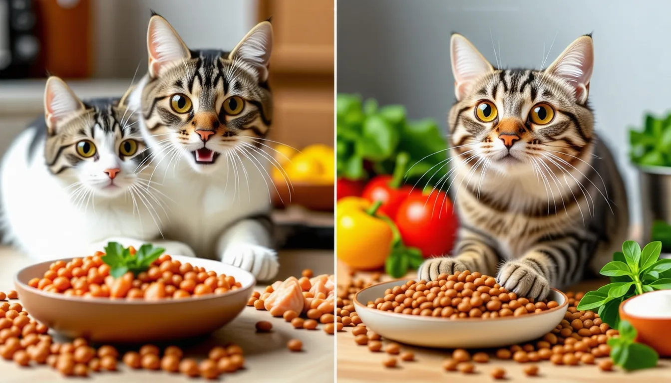 Chat roux devant une gamelle de pâtée, boîte entamée posée sur le plan de travail