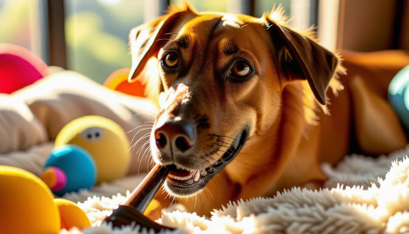 Chien de taille moyenne couché qui mâche un morceau de corne foncée