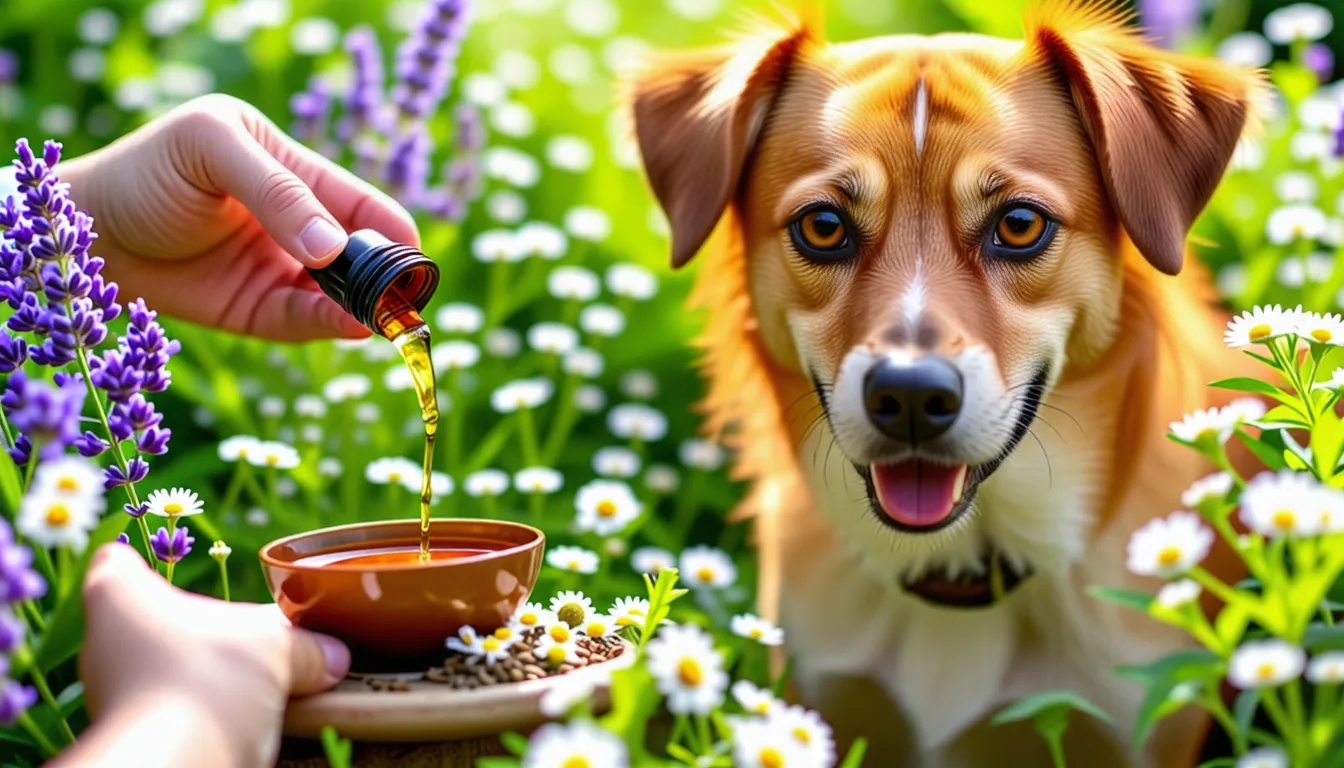 Chien couché à côté de plantes séchées et d'un flacon de préparation végétale