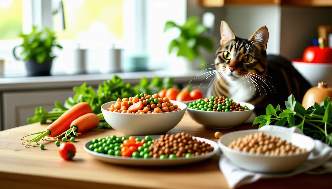 Bol de préparation maison au poulet et légumes posé devant un chat attentif