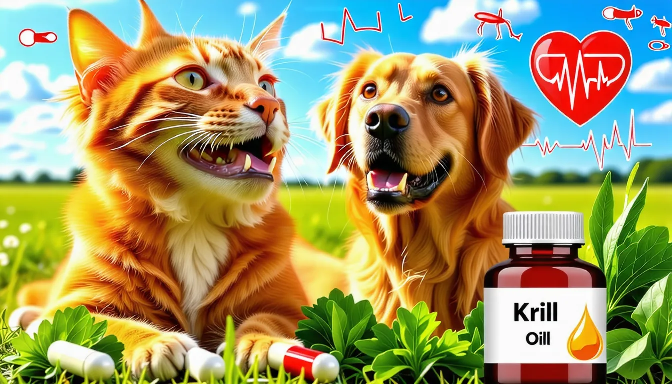 Chien et chat côte à côte devant une capsule d'huile dorée posée sur une table