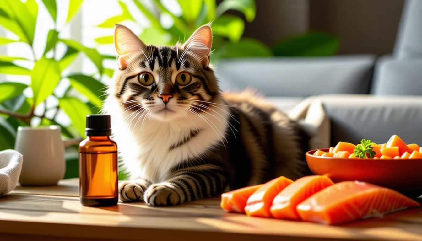 Flacon d'huile de saumon et chat tigré attendant devant sa gamelle