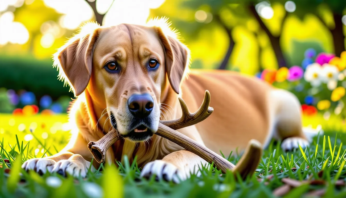 Un chien couché mâchonne un morceau de bois de cerf sur un parquet