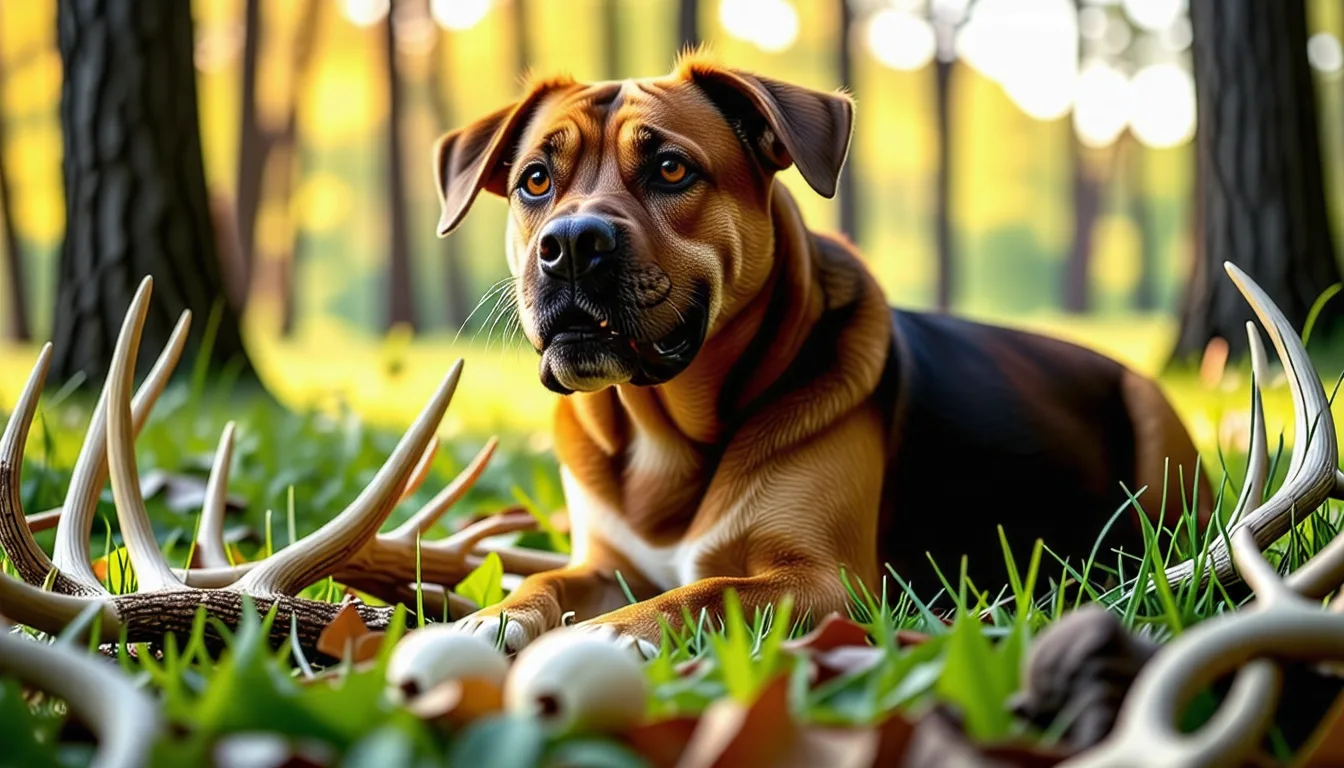 Chien tenant entre ses pattes un bois de cervidé posé sur le sol