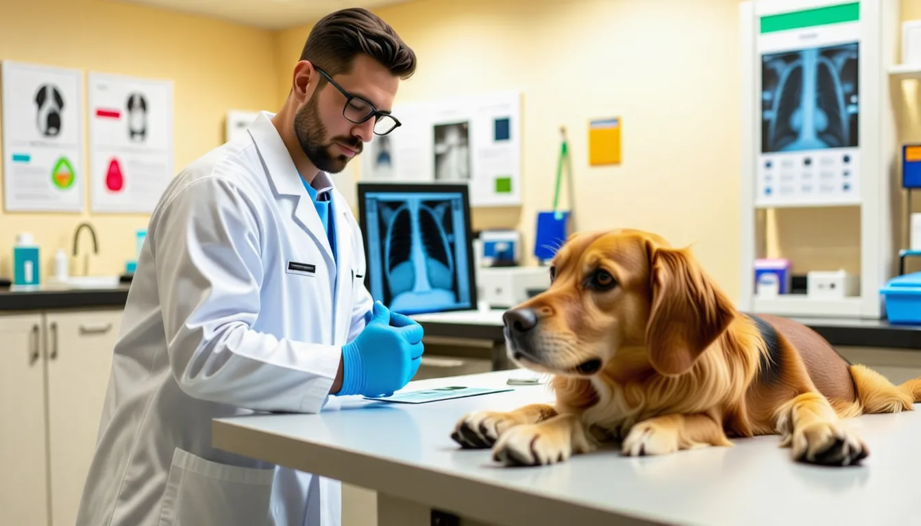Chien couché sur la table de radiologie d une clinique vétérinaire