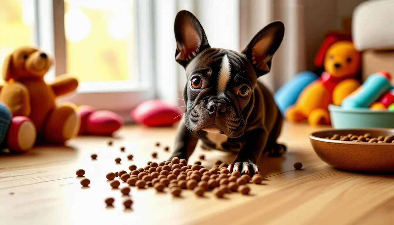 Chiot bouledogue français bringé assis sur un sol clair, oreilles dressées