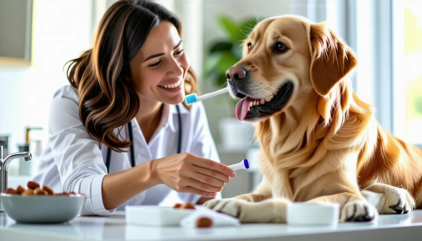 Brossage des dents d un chien avec une brosse à dents vétérinaire