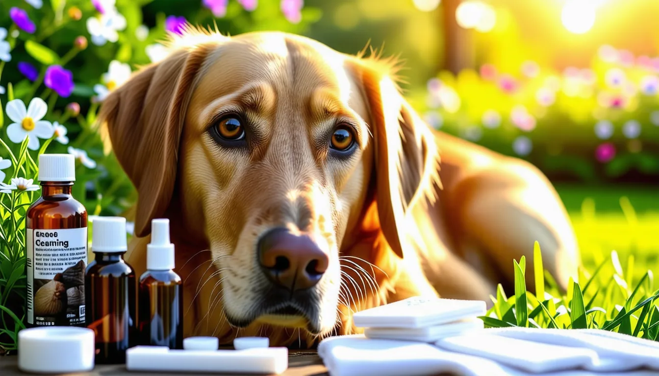 Gros plan sur l'oeil d'un chien nettoyé avec une compresse tenue à la main