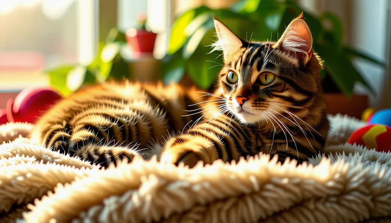 Chat roux allongé sur un plaid, yeux mi-clos, gorge vibrante