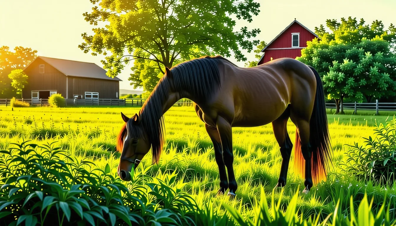 Chevaux au pré broutant une prairie clôturée en fin de journée