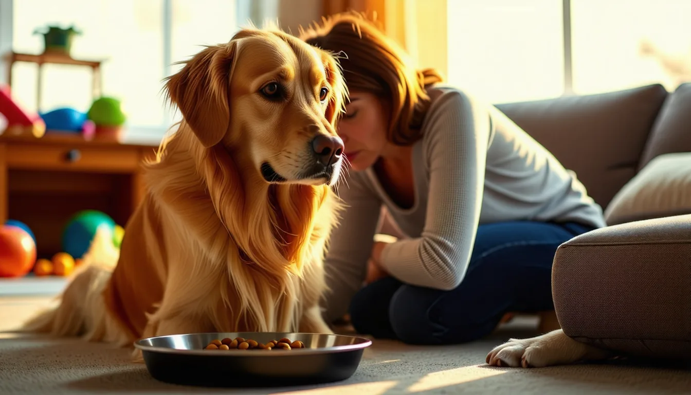 Chien couché à côté de sa gamelle pleine, museau posé sur les pattes